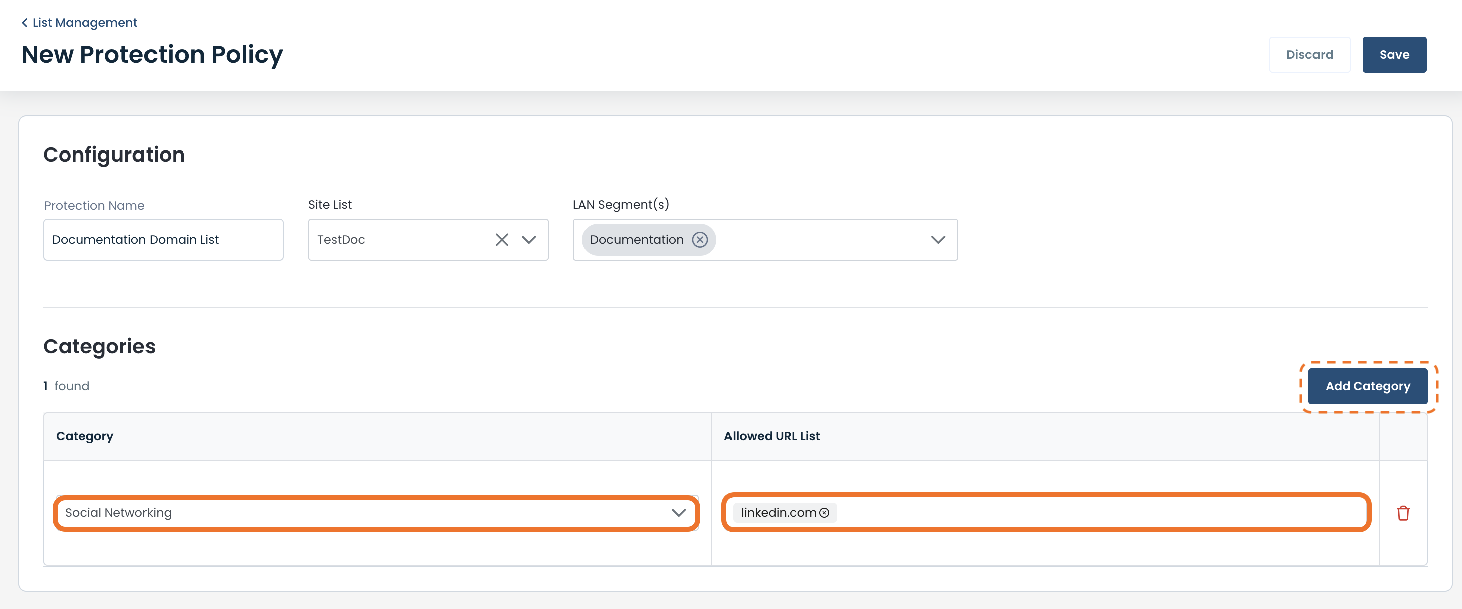 Configuration settings for a new protection policy with categories and allowed URLs.